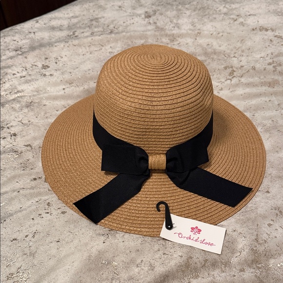 orchid love Accessories - Women's Tan Straw Sun Hat with Black Bow